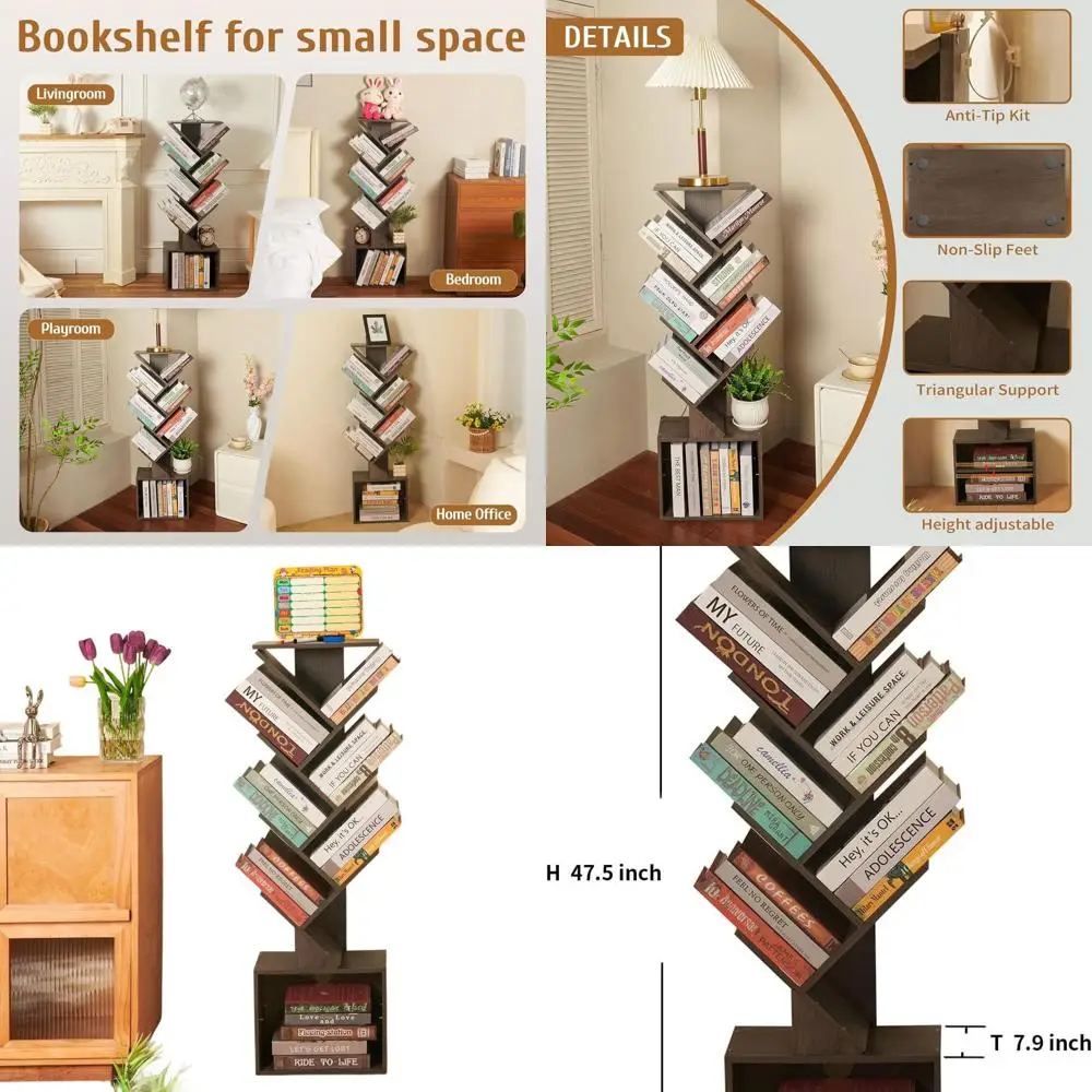 

Gray Modern Tall Narrow 7-Tier Bookshelf with Reading Planner and Activity Panel for Home Office, Bedroom, and Living Room