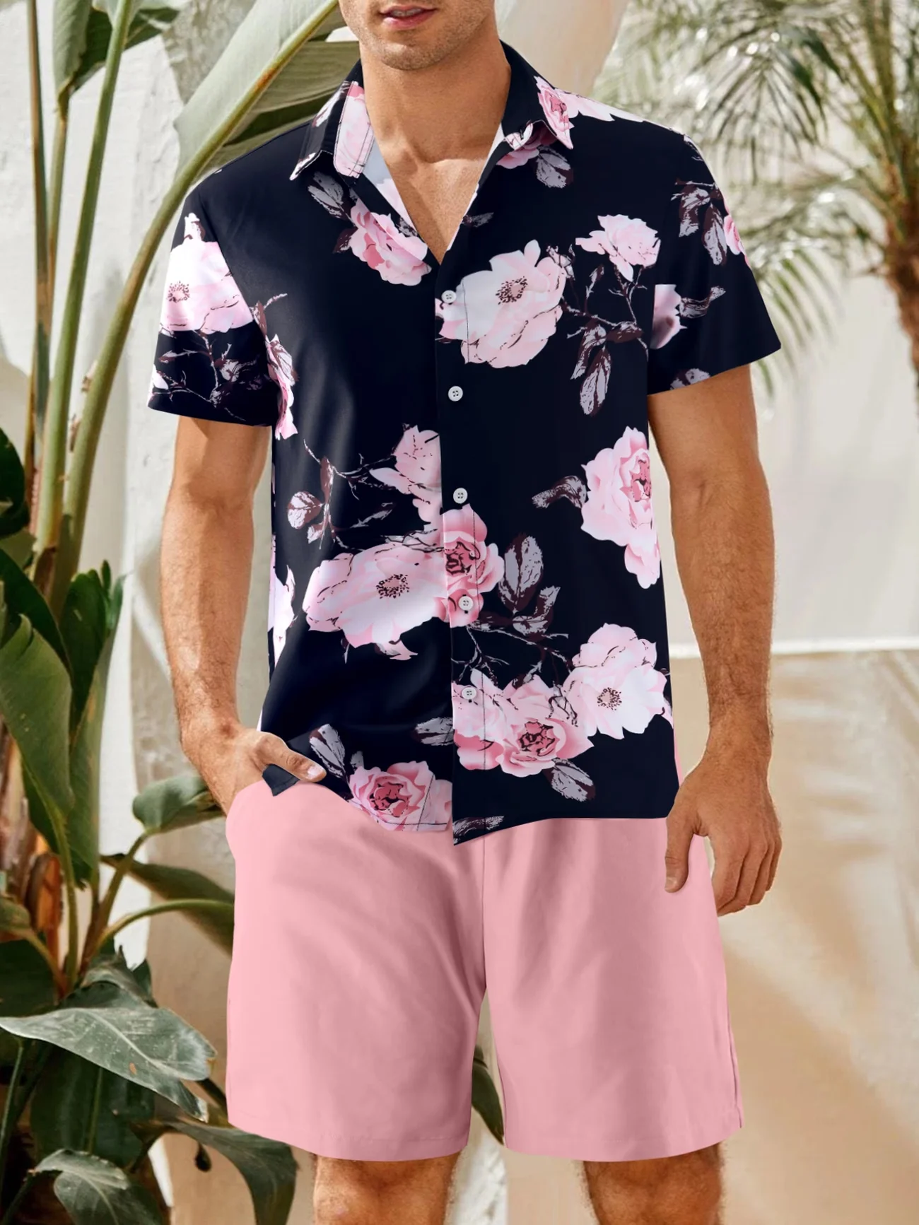 

Men's Floral Print Two-Piece Outfit Casual Short Sleeve Button-Down Shirt and Drawstring Shorts Set Summer Vacation Tracksuit