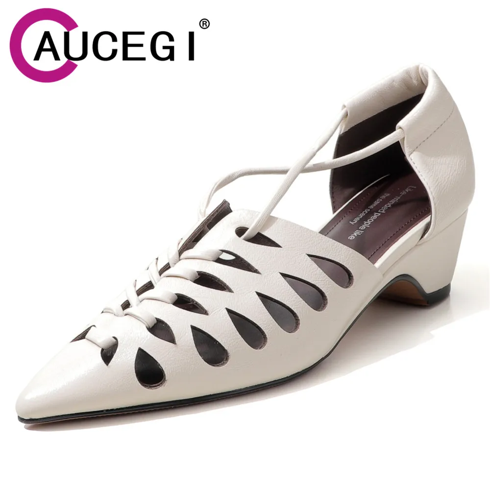 

Aucegi New Arrival Sexy Genuine Leather Pointed Toe Women Hollow Out Sandals Spring Summer Low Heels Fashion Office Party Shoes