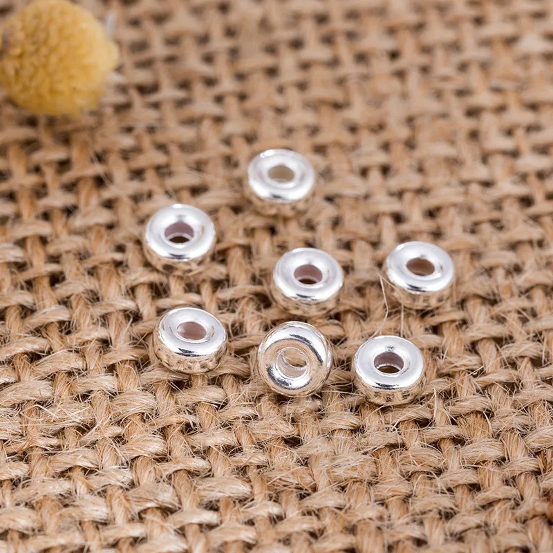 Genuine Real Pure Solid 925 Sterling Silver Beads Flat Round Loose Bead 18k Gold Large Hole Spacer Jewelry Making Findings