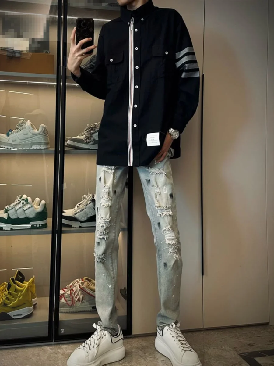

Retro Washed Men's Straight Leg Jeans Distressed Ink Splatter High Street Style Versatile Long Trousers for All Seasons