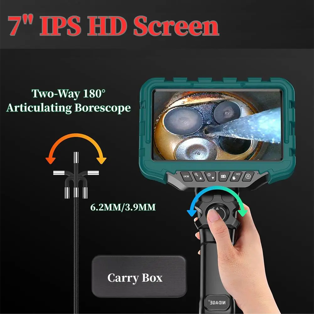 

2 Way 180° 3.9/6.2mm 1080P 7 Inch Big Screen Steering Endoscope for Engine Sewer Inspection Industrial Borescope