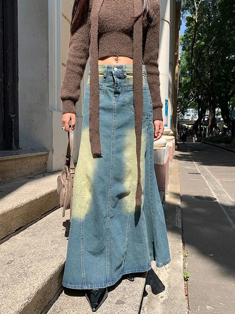 Vintage Sexy Denim Skirt Women Autumn Gradual Wash Fishtail Skirt Female Fashion High Waist Loose Long Skirt Spring Fit Travel