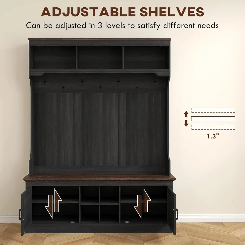 رف معطف المدخل على طراز المزرعة مع مقعد وتخزين، رف أحذية قائم بـ 7 خطافات لغرفة الطين، شجرة قاعة خشبية سوداء