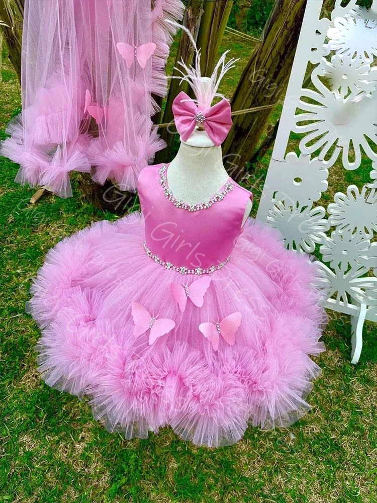 Vestido de cumpleaños para niñas, color rosa intenso, con tren desmontable, mariposa 3D, tul escalonado, vestido de princesa con flores para niñas, vestido de baile personalizado con cuentas