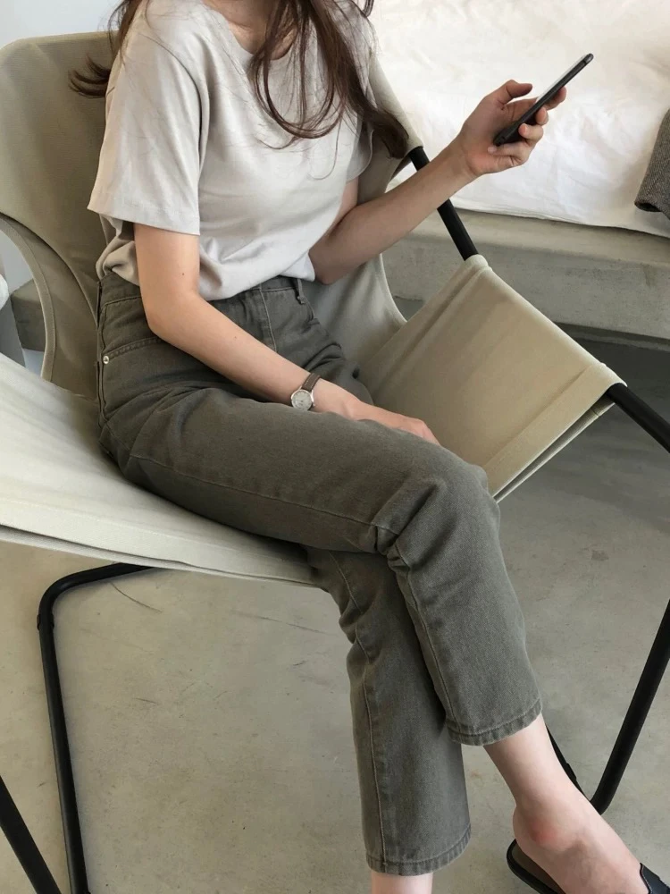 Candy Miss Korean Style PLAT BASE Vintage Coffee Straight Leg Denim Pencil Pants Women's Autumn Cotton Stretch Jeans