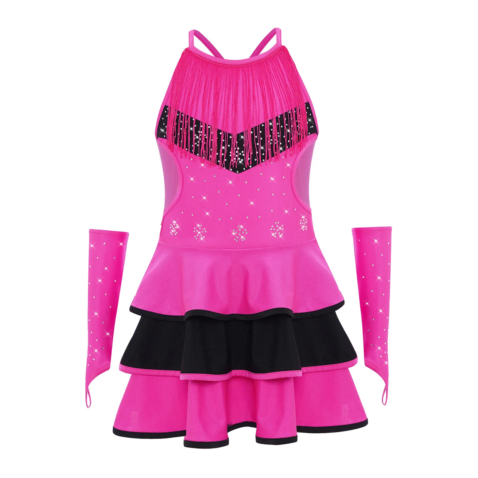 

Kids Girls Tango Gymnastics Latin Dance Dress Sleeveless Shiny Rhinestones Ruffle Salsa Latin Dress With Gloves Modern Dancewear