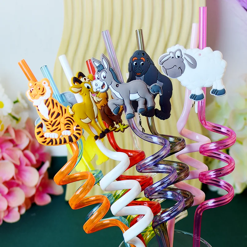 10-pack of animal-themed spiral straws. Reusable. Perfect for birthdays, bars, weddings, parties, and other occasions.