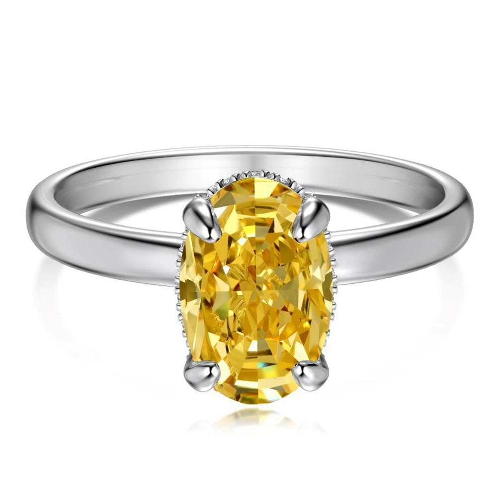 Wong Rain 925 Sterling Silver Crushed Ice Cut 6*9 MM Oval High Carbon Diamond Citrine Gems Wedding Engagement Rings Fine Jewelry