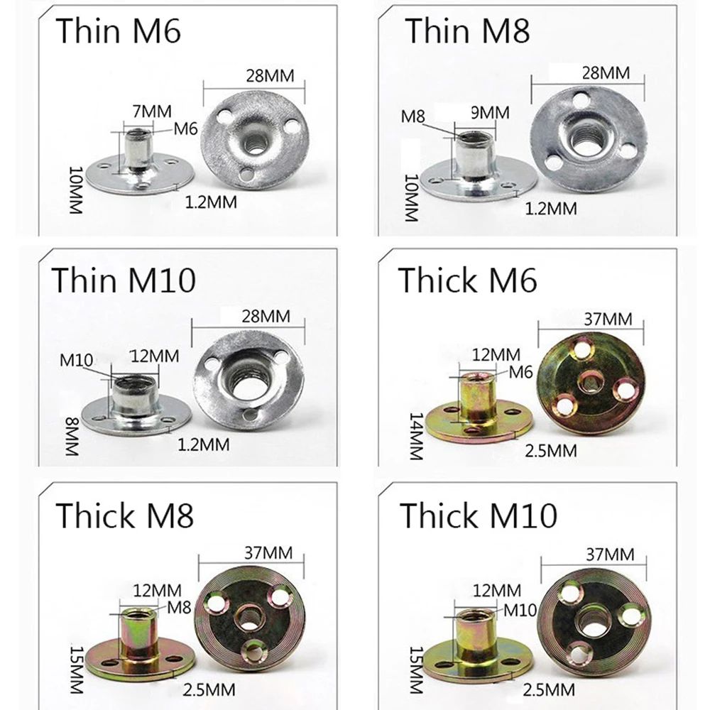 10pcs Set M6M8M10 Carbon Steel Plate Nut  T-nut with Round Base Carbon Steel T-Nuts Brad Hole Tee Nut