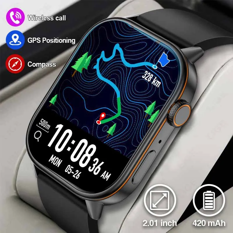 

Смарт-часы со встроенным GPS-позицией, 2025 г., мужские, 2,01 дюйма, большой экран, аккумулятор 420 мАч, Bluetooth-вызов, водонепроницаемые женские умные часы для женщин