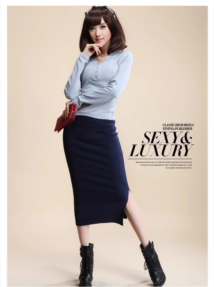 Winter-Damenrock, hohe Taille, Stretch-Bleistift, lang, geteilt, vorne geschlitzt, A-Linie, lässig, koreanischer Stil, eleganter schwarzer Bleistiftrock – Detail 6