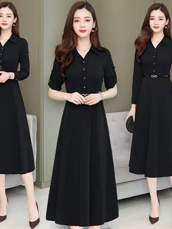 Elegant Mid-Length A-Line Dress for Middle-Aged Women Autumn 2026 New Style High Waist Long Sleeve Button Detail Commute Style