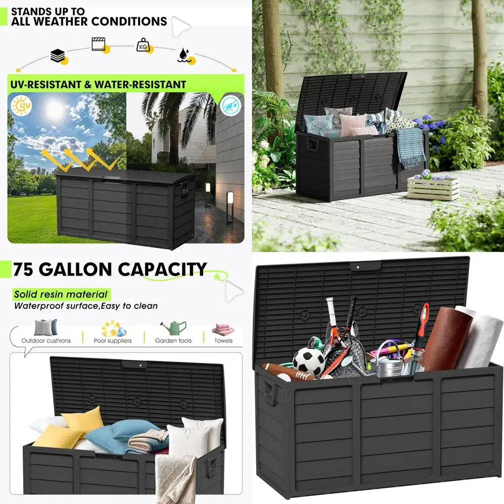 

Запираемая коробка из смолы емкостью 75 галлонов — прочное уличное хранилище для подушек и подушек (черный)