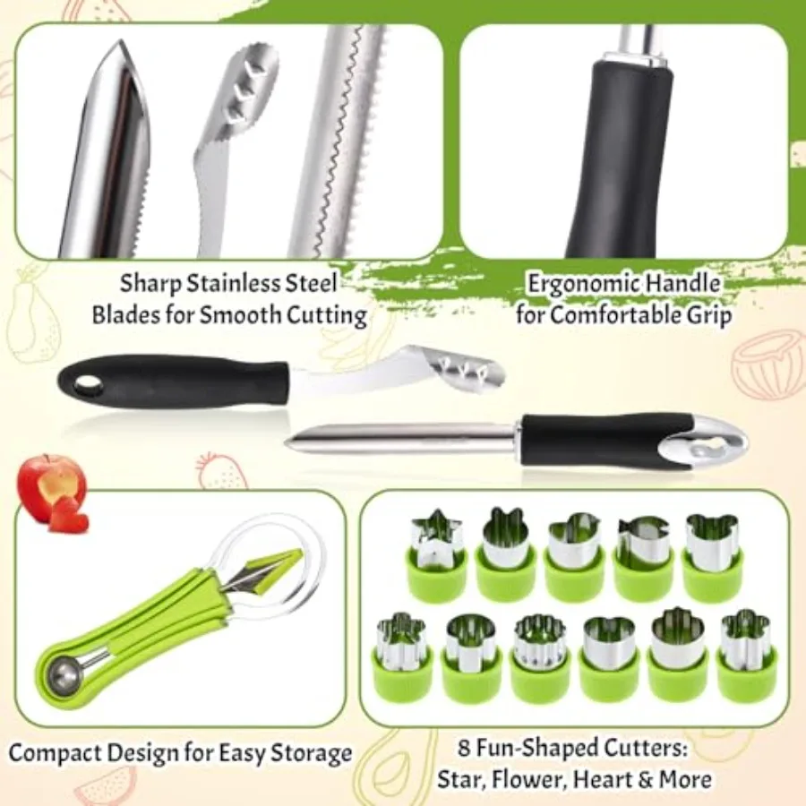 15 Pcs Fruit Vegetable Coring Carving Tool Set Include Stainless Steel Peeler Carving Knife Melon Baller and 9 Shape Cutters fo