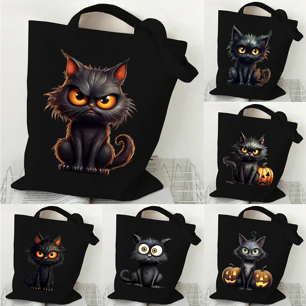 

Холщовая большая сумка с принтом черного кота на Хэллоуин, многоразовая продуктовая сумка через плечо и подарочная сумка для покупок для путешествий, подарка