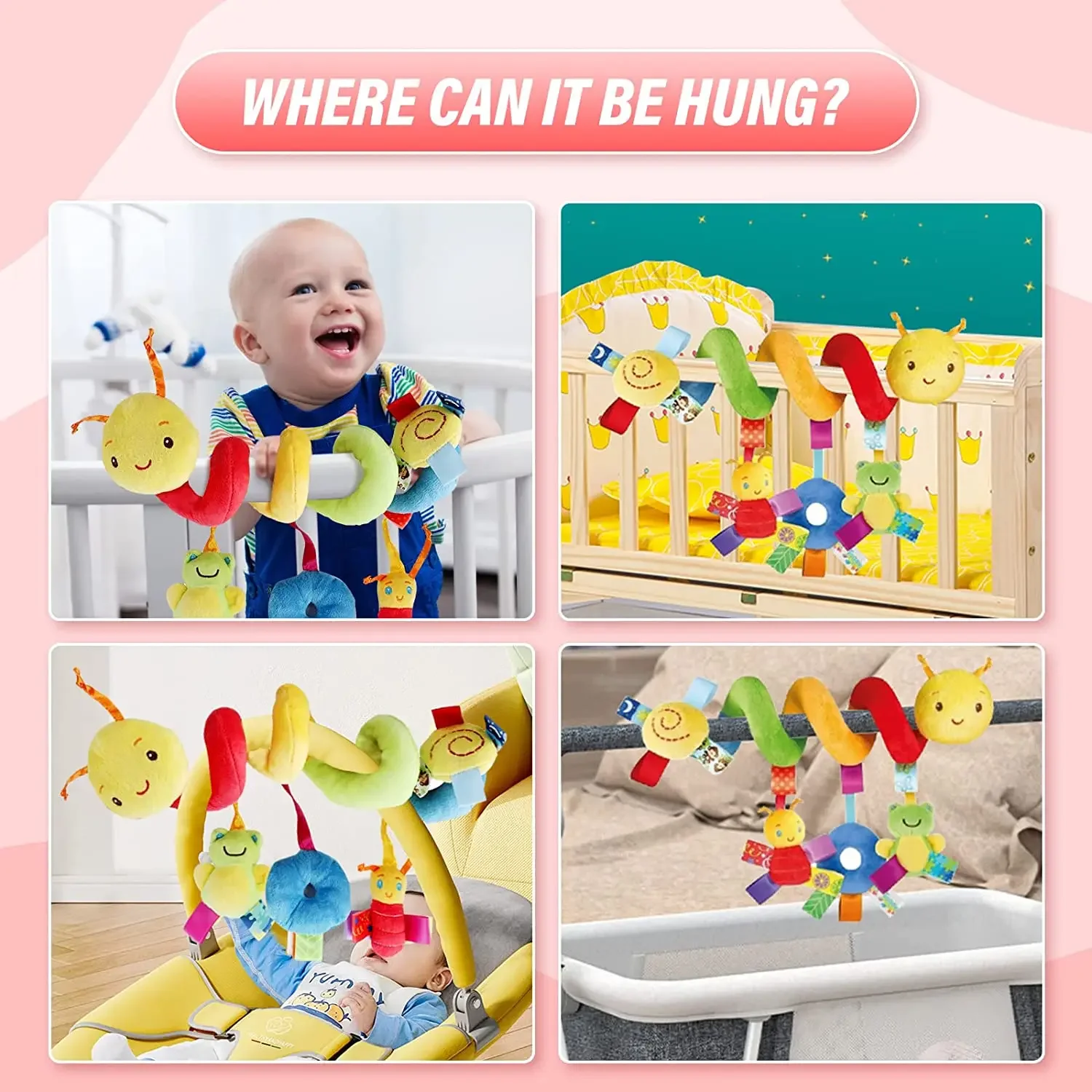 Baby Hanging Car Seat Toys Plush Activity Hanging Stroller Toys with BB Squeaker and Rattles for Newborn Travel Activity Toy