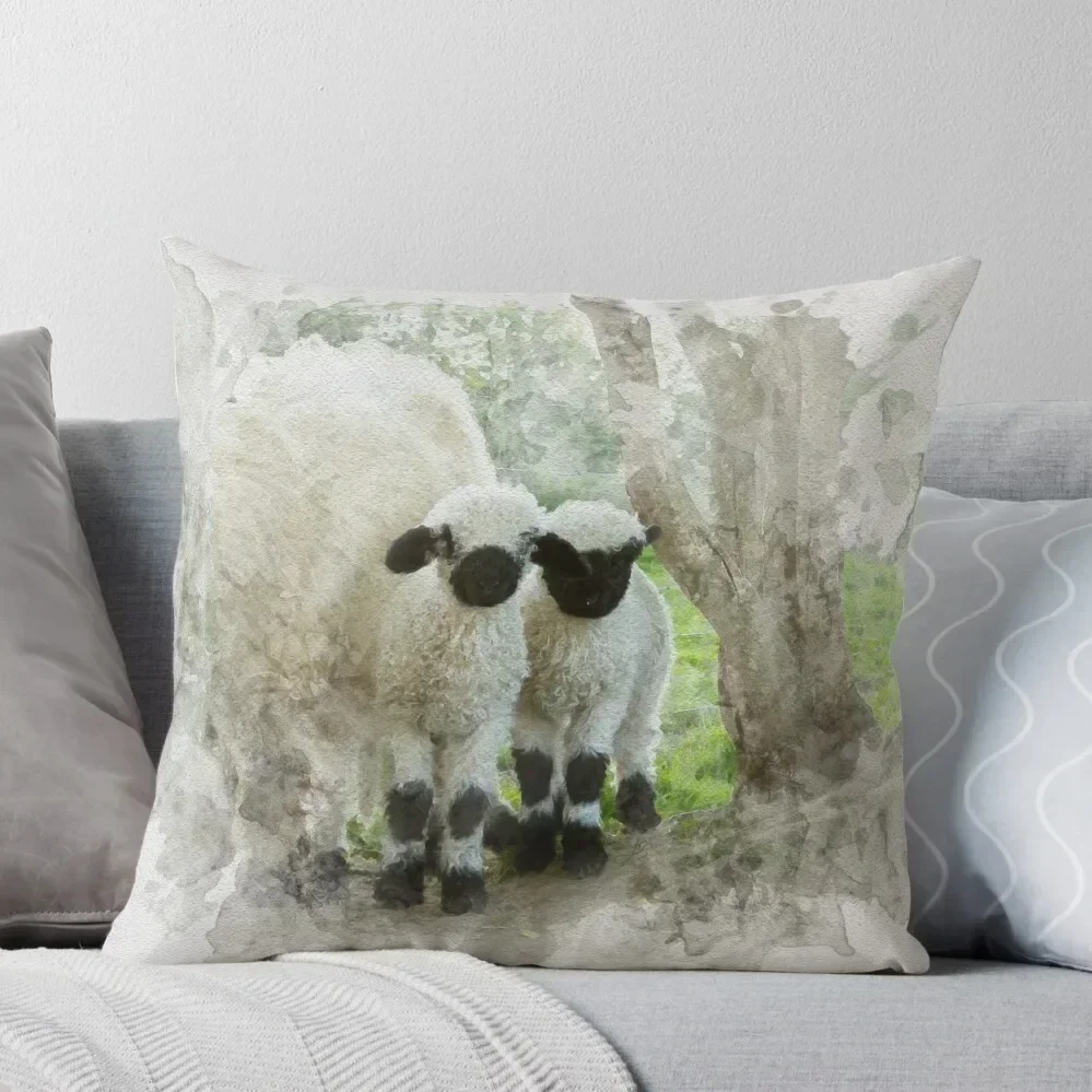 The Twins Watercolour Photograph - Valais Blacknose Lambs Throw Pillow autumn pillowcase Rectangular Cushion Cover pillow