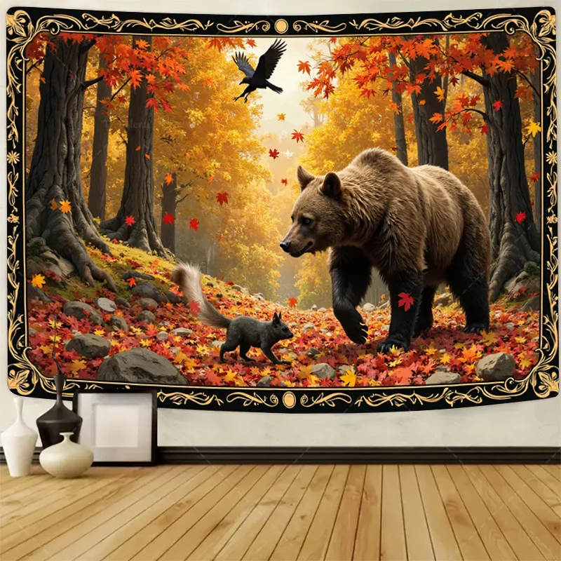 

1pc Wall Tapestry Autumn Forest Bear & Squirrel Tapestry - Nature Wildlife Scene Wall Hanging