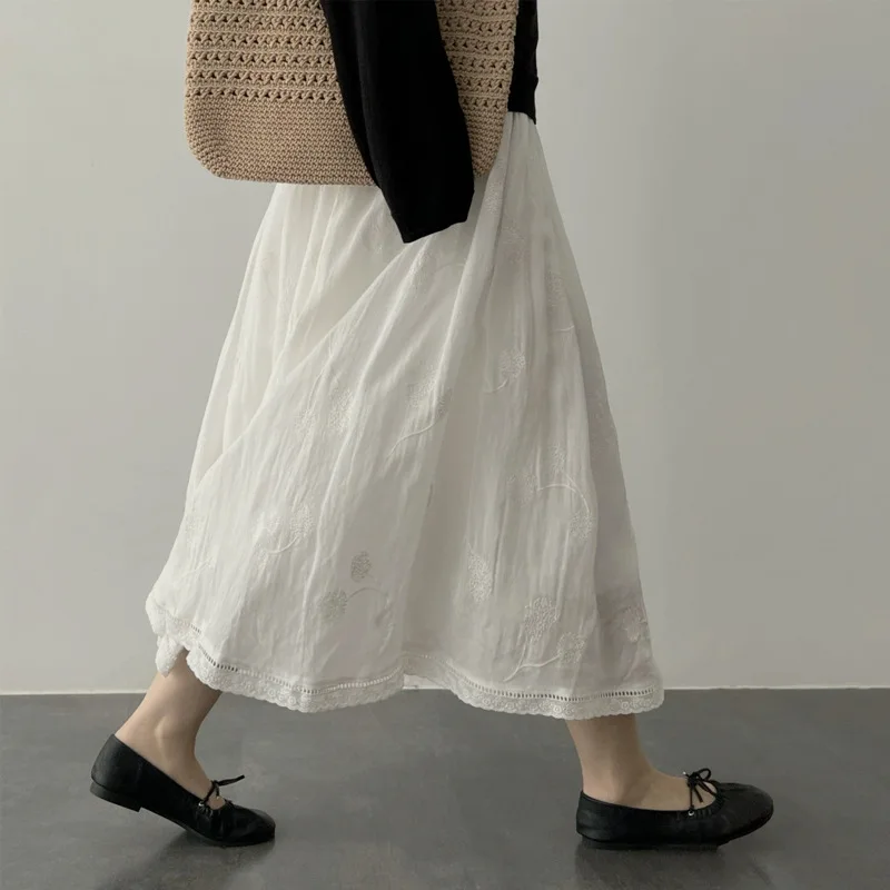 

Новое поступление 202, летняя женская свободная повседневная юбка трапециевидной формы с цветочной вышивкой до щиколотки, хорошее качество, хлопковые льняные юбки Y120