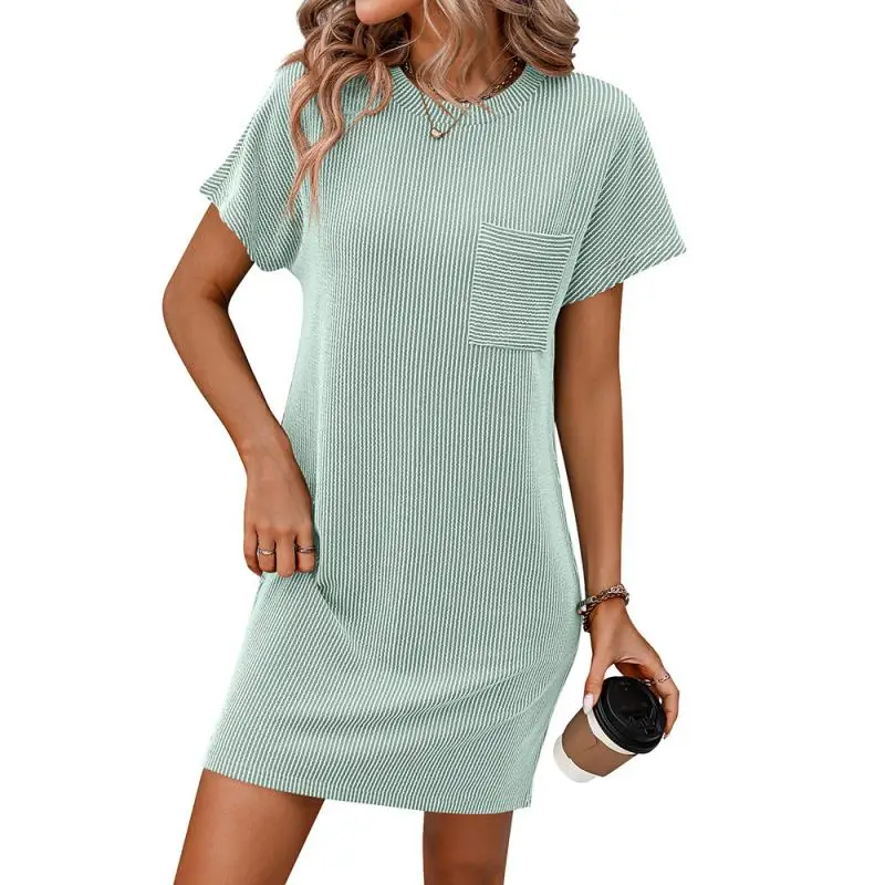 2024 New Fashion Brand Fashion Women's Top Ins Summer Casual Color Contrast Twist Striped Short-sleeve Pocket T-shirt Dress