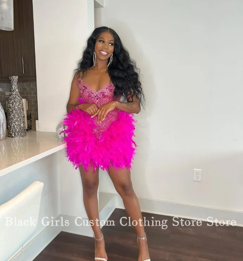 Glitter Feather Homecoming Party Dress 2024 Rose Pink Diamante Prom Celebrity Gowns Black Girls Party Dresses robe de soirée