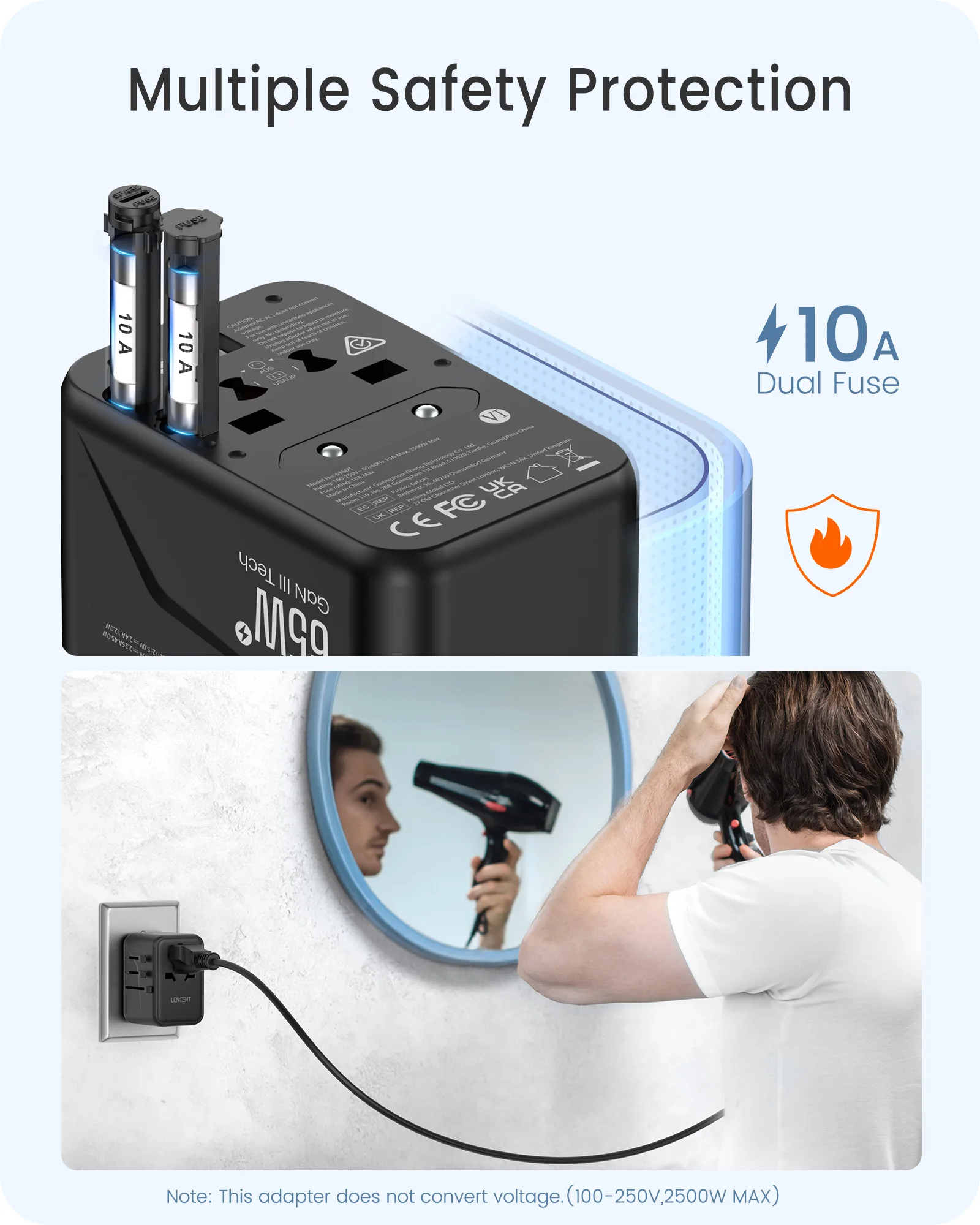 LENCENT Adattatore da viaggio universale GaN da 65 W/45 W/30 W con USB-A e tipo C Adattatore di alimentazione a ricarica rapida Spina UE/Regno Unito/USA/AUS per i viaggi