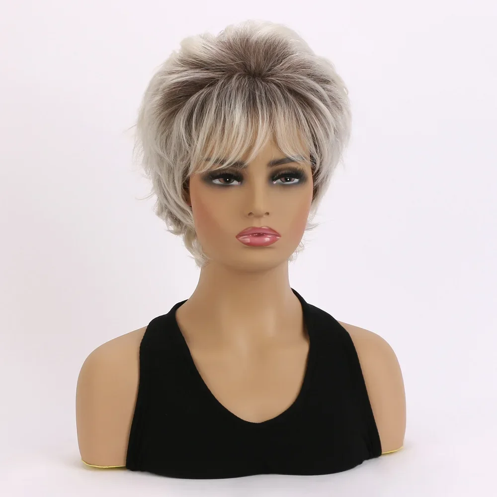 Pixie Cut Hairstyle Short Blonde Wigs Natural As Real Hair Soft & Healthy Synthetic Hair with Bangs Cosplay Party Wig for Women