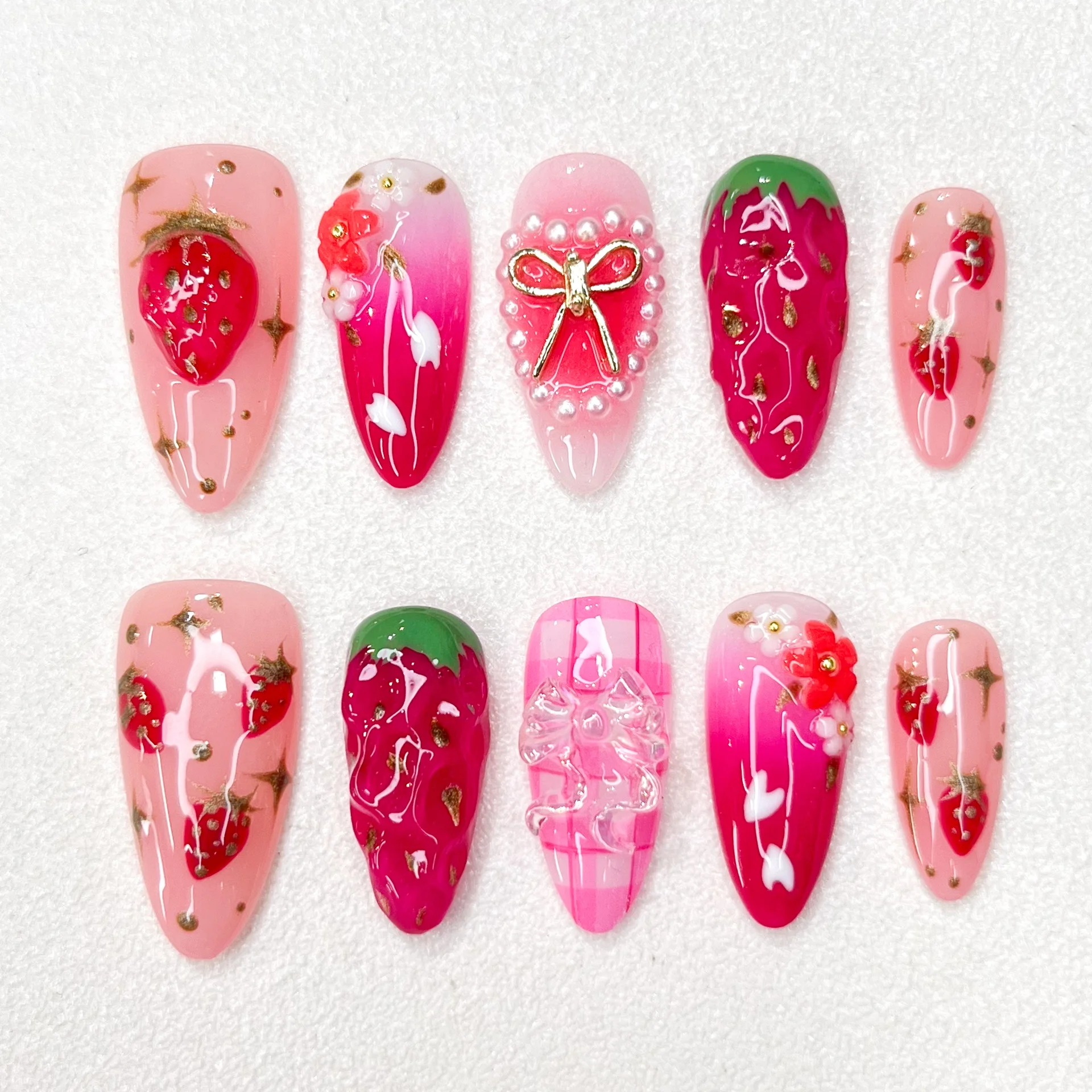 New Cute Strawberry Series Manicure Almond Length Relief Series 3D Hand-painted Mandarin Duck Manicure Press on Nails
