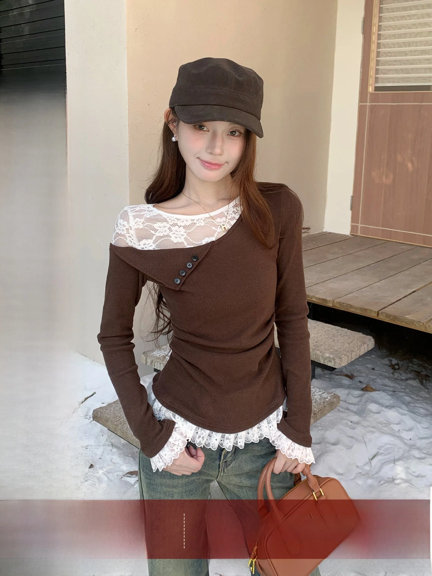 

Asymmetric Splice Long Sve T-irt Women's Autumn Base irt Knowfeel Studio Design Sensation oulder Slope Splice Top