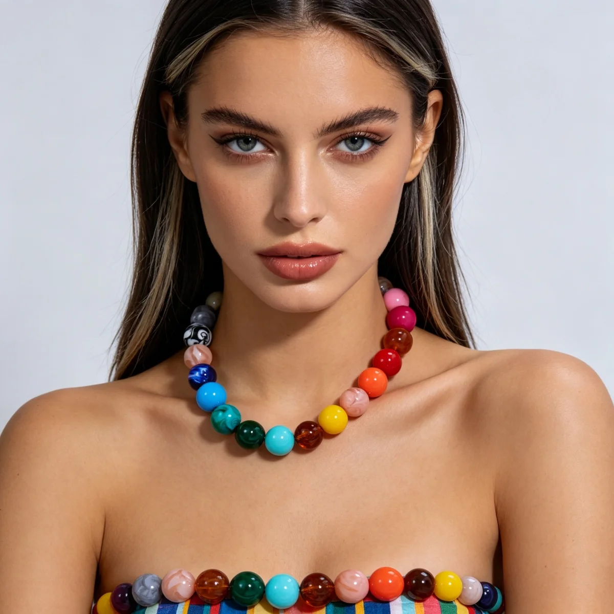 Modische bunte Acryl-Halskette mit großen runden Perlen für Damen und Herren, böhmische blaue braune Harzperlen, Choker, Y2K-Ästhetik-Schmuck – Detail 10