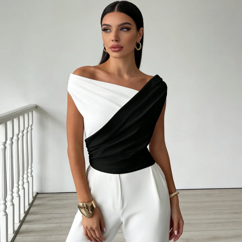 New Designer Woman Clothing Slanted Shoulder Summer Sleeveless Blouse Fashion Color Matching Slim Fit Pleated Shirt T-shirt Top