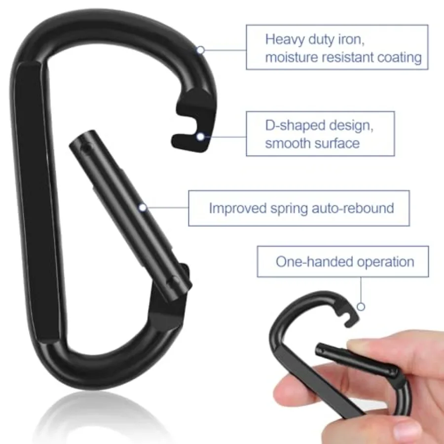 مشبك حلقة تسلق شديد التحمل من [العلامة التجارية] مجموعة مكونة من 850 رطلًا مكونة من 3 قطع: على شكل حرف D + طقم مكون من قطعتين على شكل قرع مكون من 6 حلقات مفاتيح خطافات زنبركية باللون الأسود للخارج
