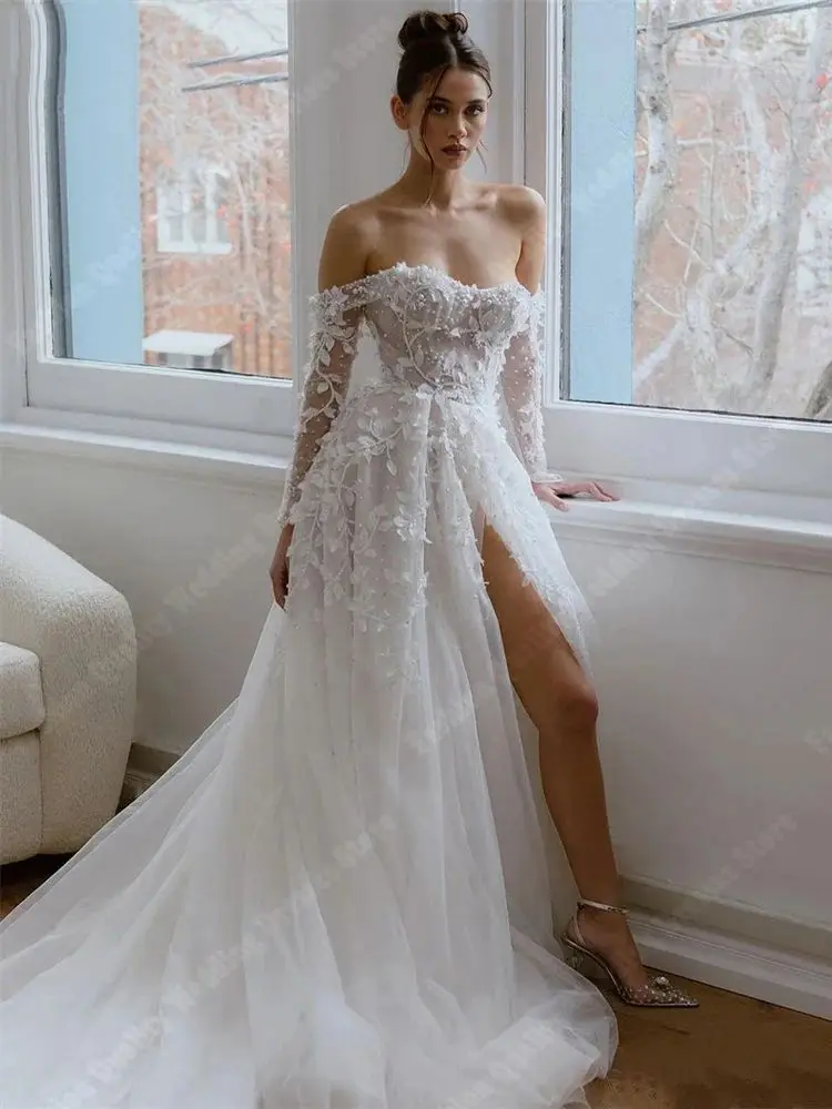 Eleganti abiti da sposa a trapezio da principessa con spalle scoperte abiti da sposa con superficie in Tulle lucido lunghezza di lavaggio Sexy Vestidos De Novias