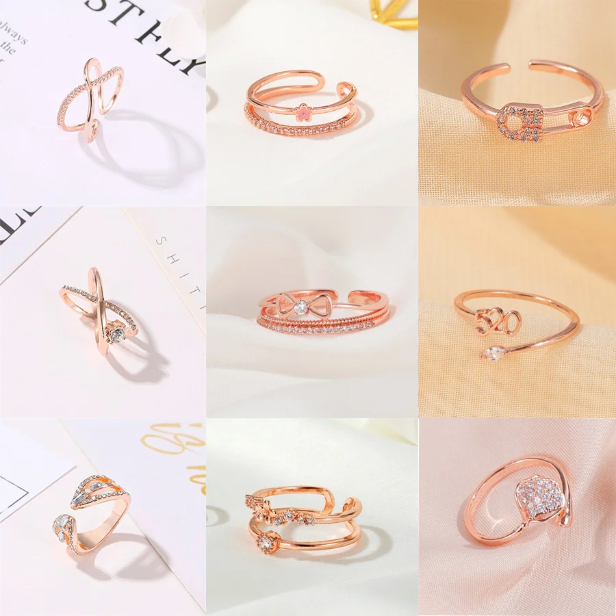 Rose Gold Open Ring Women's Ins Style European and American Creative Design Inlaid Zircon Geometric Index Finger Ring