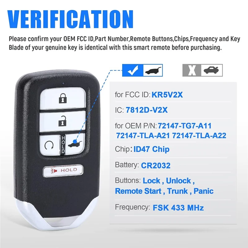 Chave do carro fob keyless entrada controle remoto kr5v2x para honda civic crv piloto 72147-tg7-a11 72147-tla-a01 433mhz id47 Chip-A67F