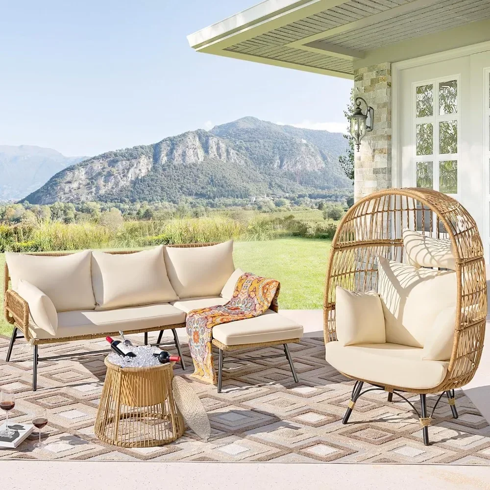 

4-piece Bohemian Outdoor Furniture Set with Egg Chair and Ice Bucket, Small L-shaped Willow Conversation Segmented Sofa Set