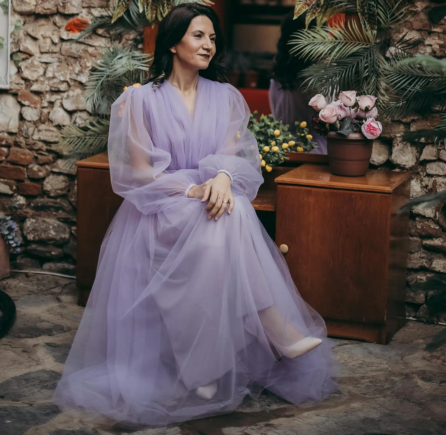 ชุดเดรสออกงานสำหรับหญิงตั้งครรภ์ผ้าทูลสีม่วง สำหรับถ่ายภาพ ชุดคลุมเจ้าสาวแขนยาวเซ็กซี่ ชุดราตรี ชุดนอน สั่งตัดได้