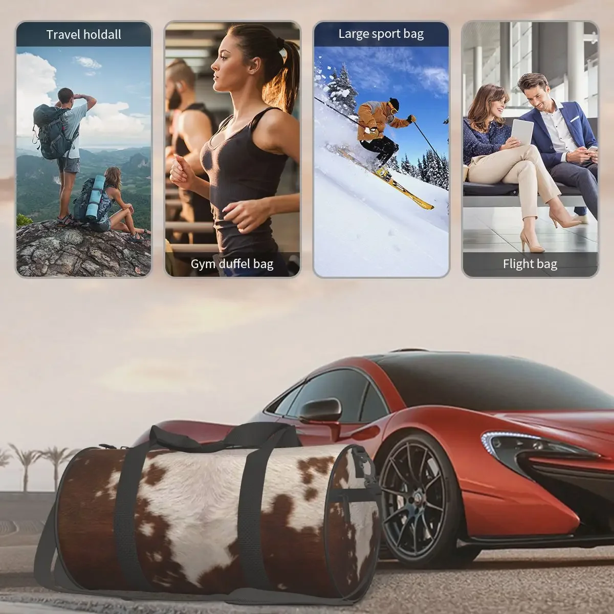 أنيق البقرة الفراء جلد البقر الملمس جلد البقر طباعة نمط كبير واق من المطر حقيبة قاعة رياضة مقاوم للماء واق من المطر حقائب السفر حقائب اللياقة البدنية