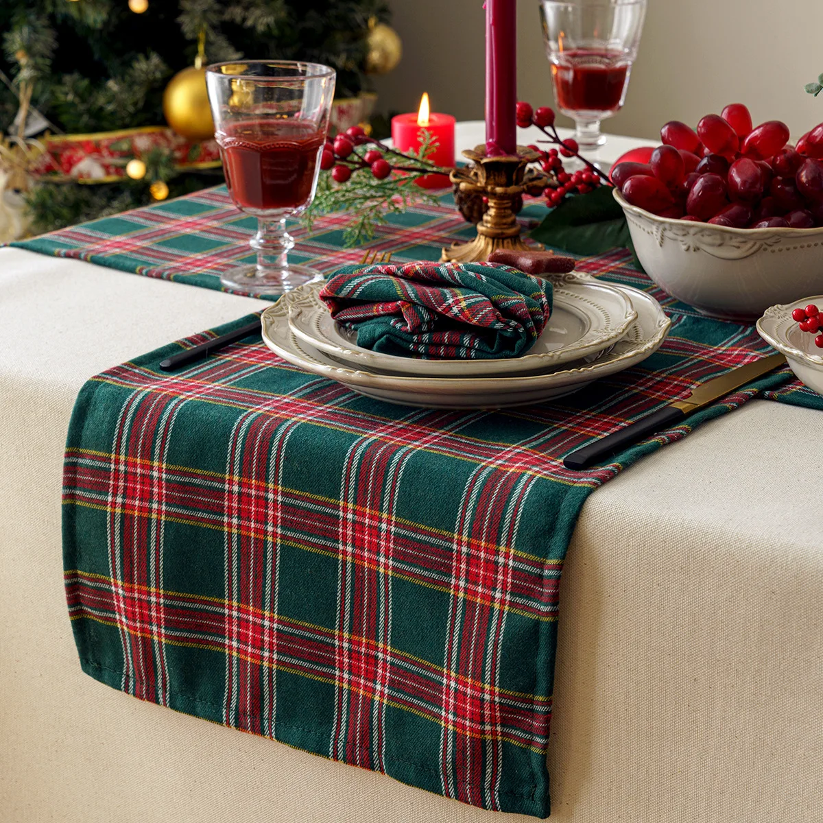 Christmas Napkin Table Runner Cloth, Red, Green, Plaid, Rectangular, Household Photo, High Quality, Cotton Mat, New Year Gift