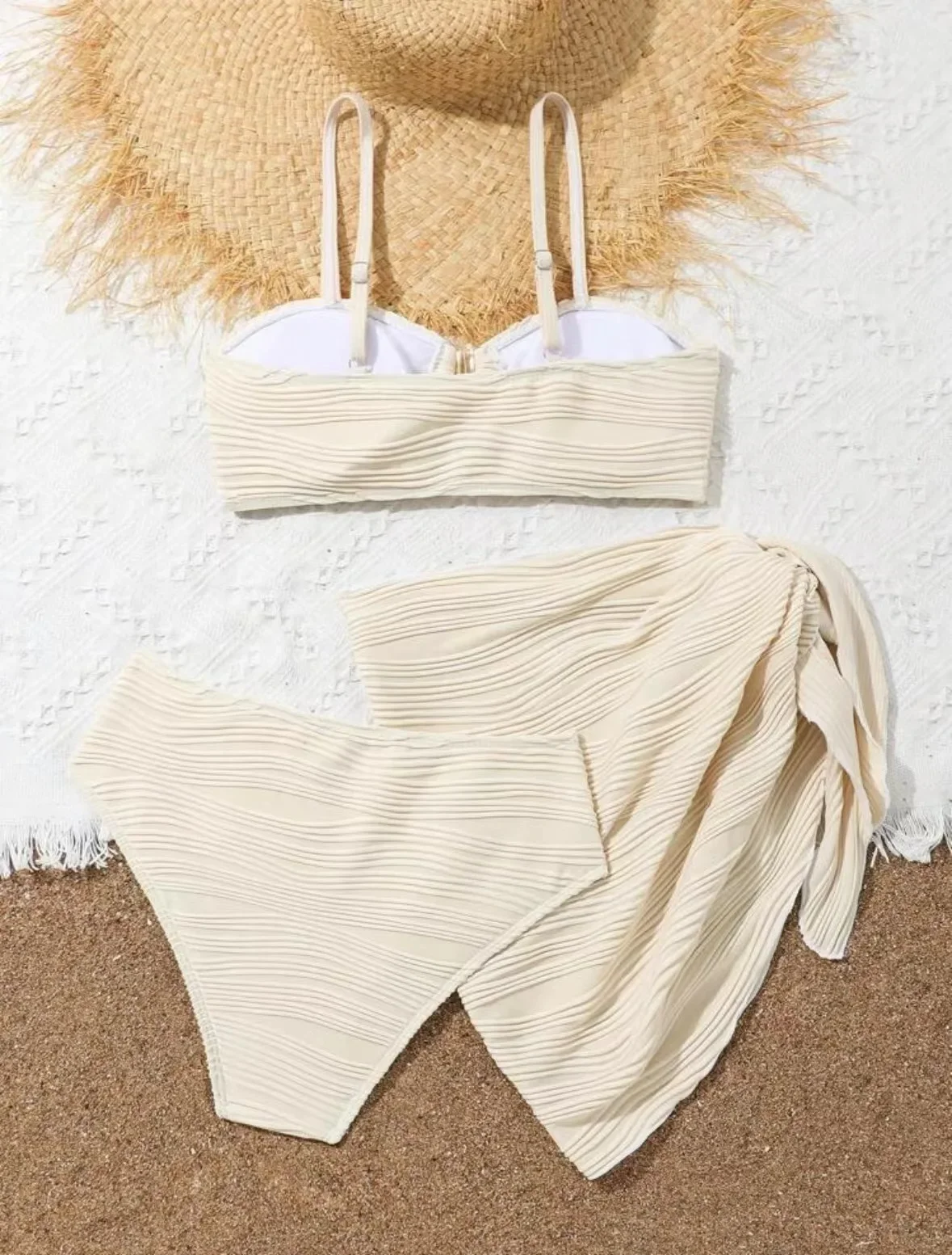 Conjuntos de Bikinis acanalados con decoración de Metal, traje de baño Sexy de tres piezas con falda cubierta, traje de baño sólido, trajes de playa, Bikini Bakini
