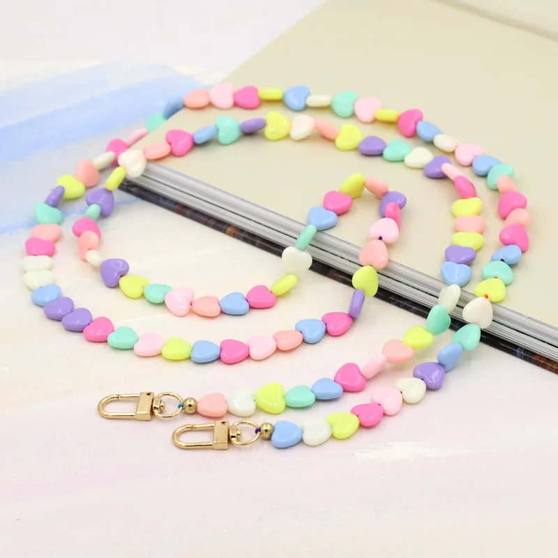 120cm Long Chain Colorful Lovely Heart Charm Mobile Phone Chain Imitation Pearl Bag Accessories Chain Lanyard Women Jewelry Gift