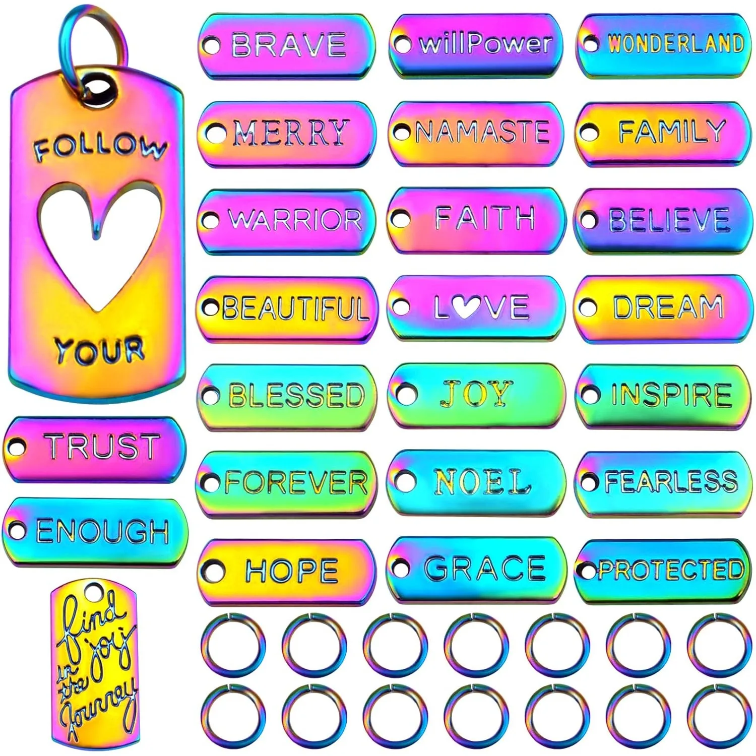 

25pcs Inspiration Words Charms Engraved Motivational Word Dangle Pendants with 25pcs Open Jump Rings for DIY Bracelet Necklace