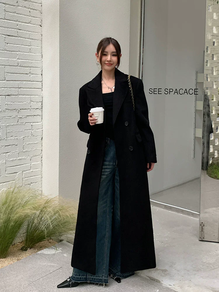 2026 New Woolen Coat Women Long Length Solid black Hepburn Style X-long Tall Lady Cool Wool Overcoat Loose Ankle Length
