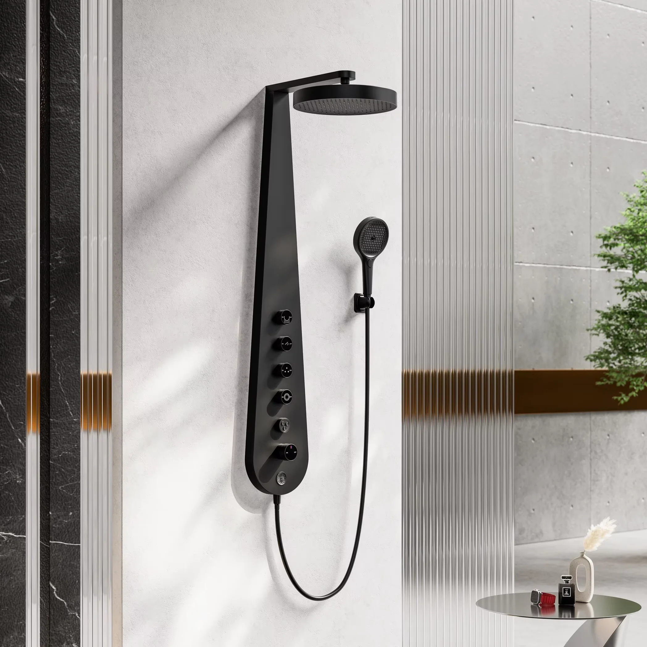 

Wall Mounted Multi-Function Shower Panel with Large Waterfall & Rainfall Showerhead for Modern Bathroom & Hotel