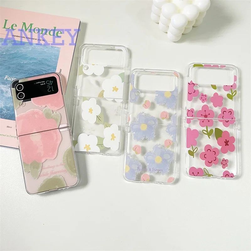 for Samsung Galaxy Z Flip4 Flip3 Phone Case Flower Zflip3 Zflip4 Protective Case Transparent Cover