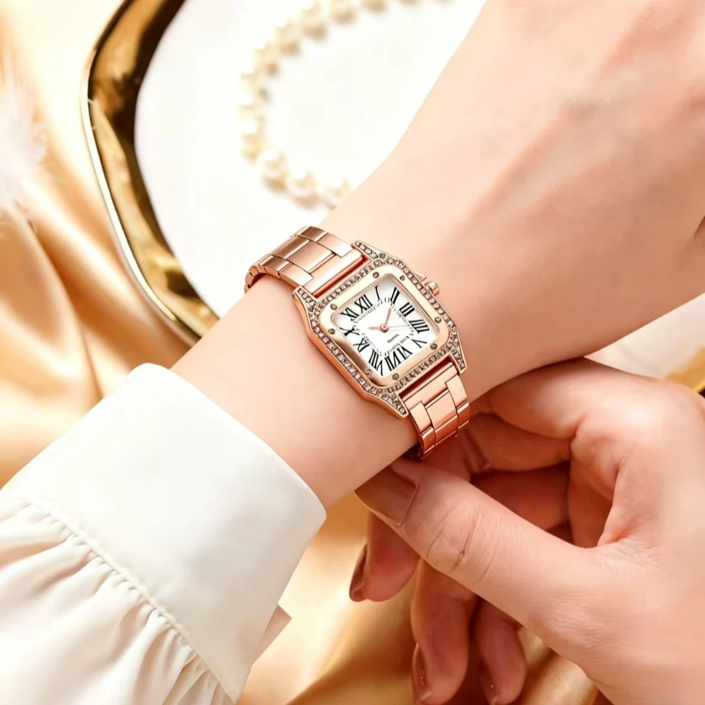 

Повседневные квадратные кварцевые часы для женщин, наручные часы с ремешком из сплава, простые женские часы в римском стиле, элегантные часы Женские Наручные