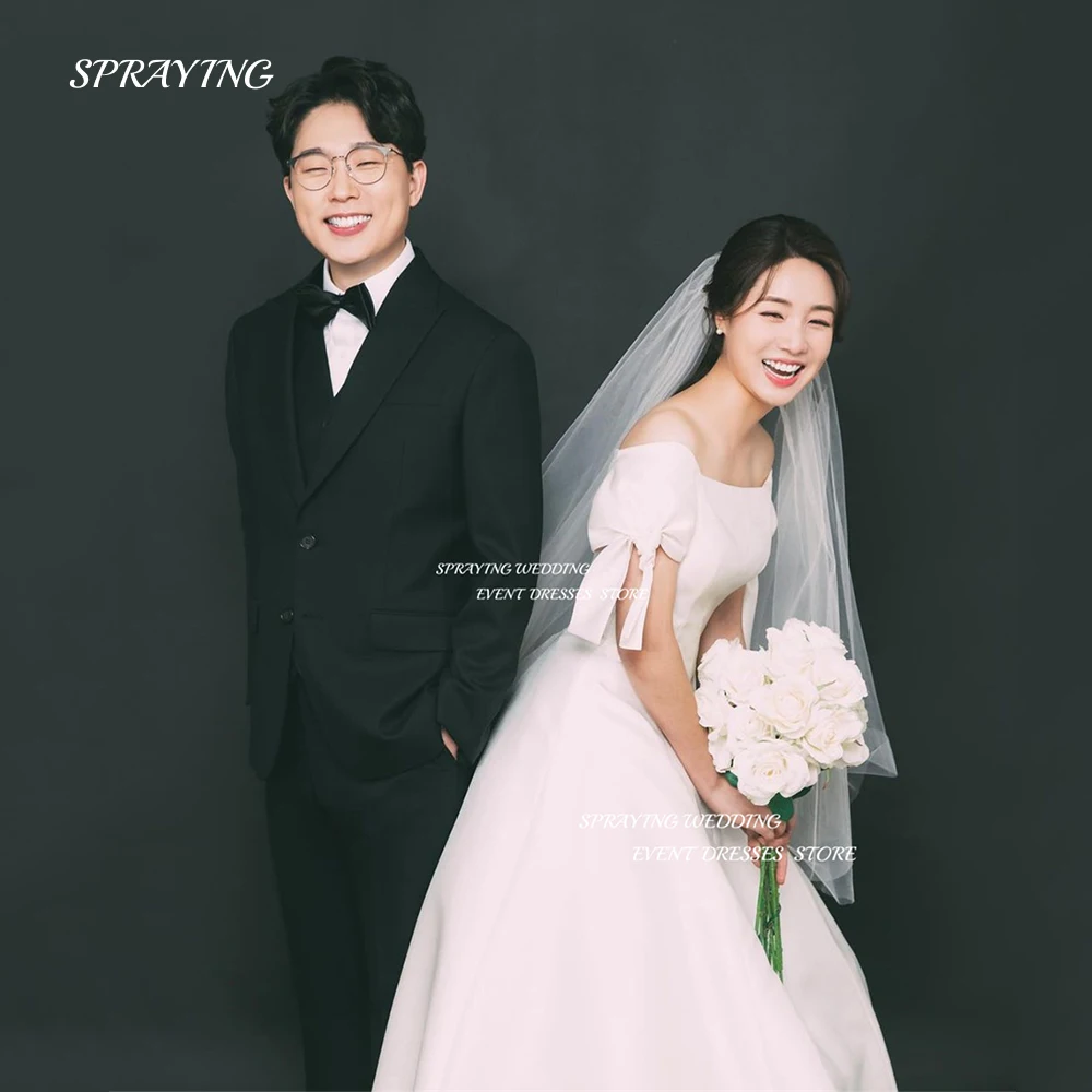 

SPRAYIN Princess Off Shoulder Korea Wedding Dress Photo Shoot With Veil Short Sleeve Pleats Bridal Gown A Line Bridal Dresses