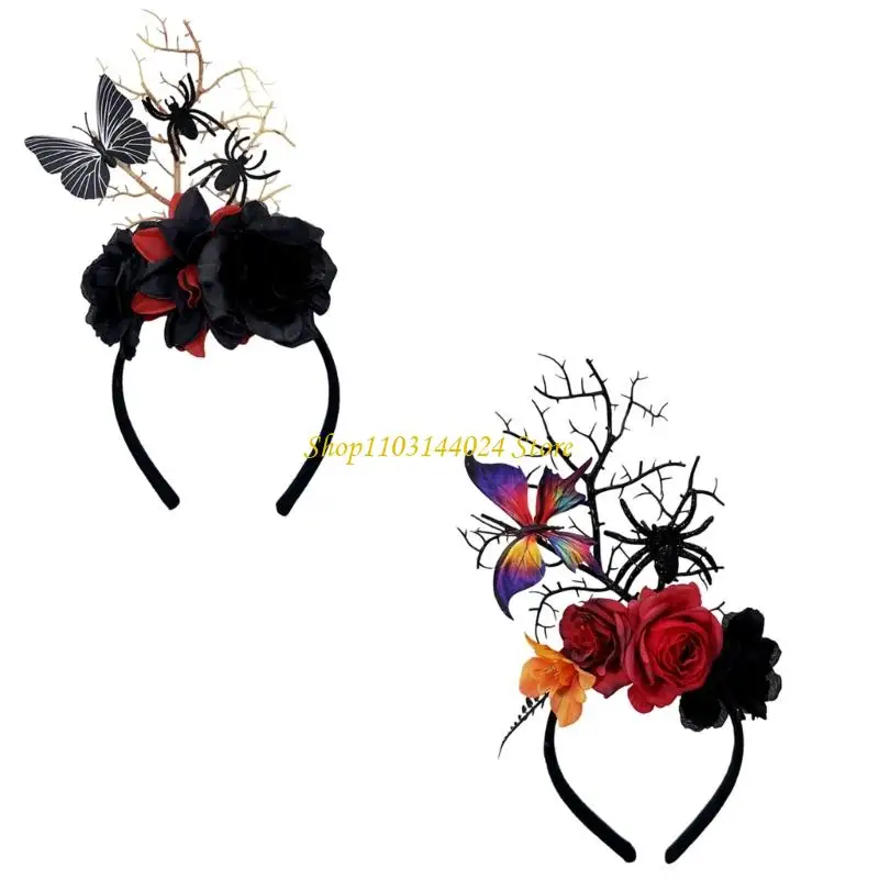 

N5KE Haunted Forest Theme Hairband Halloween Headwear with Branch Spiders Decoration