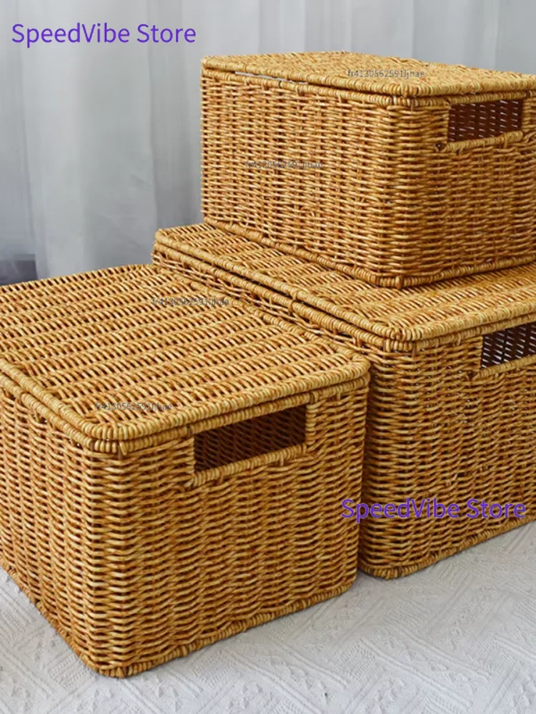 Imitation Rattan Kunststoff-Aufbewahrungskorb Große Kapazität Kleidersortierbox Haushalt Kleiderschrank Wohnzimmer Snack-Spielzeug-Organizer Aufbewahrungsbox